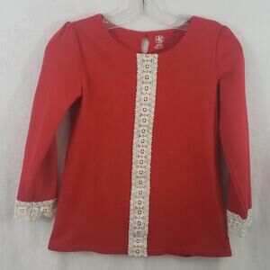 J Khaki‎ 100% Cotton Red Blouse w/ White Lace Trim Girls Medium